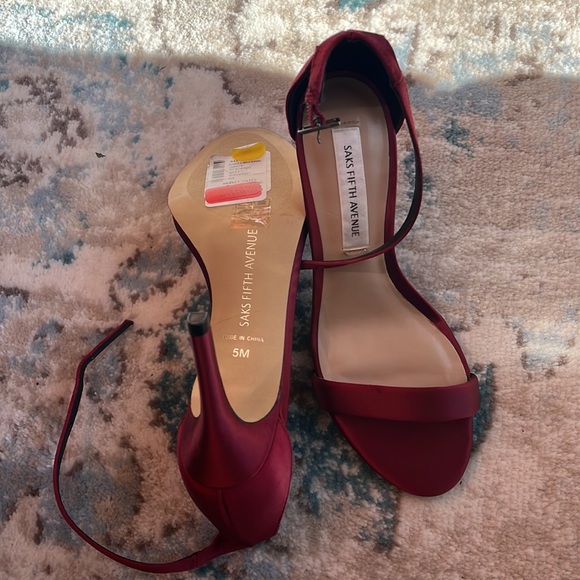 Saks Fifth Avenue Burgundy Satin Strappy Heels - Picture 2 of 5